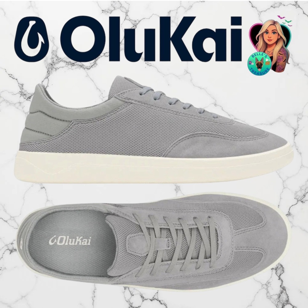 OluKai Punini Men's 7 Mesh Suede Sneakers Ash Grey Drop In Heel Slide In Comfort